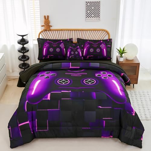 PERFEMET 6 Pieces Gamer Comforter Sets Twin Size Purple Game Console Boys Bed in A Bag 3D Cool Black Gaming Bedding Set for Kids Teen Lightweight Gamepad Bedroom Set(Purple, Twin) by PERFEMET