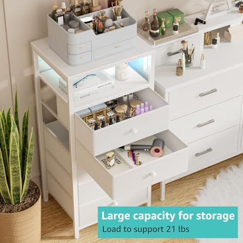 BOLUO White Dresser with 5 Drawers Tall Nightstand with Charging Station and LED Light, Bedside Table Room Storage Drawers Closet - Image 4
