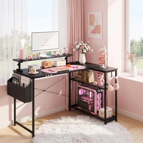 GTPLAYER 43" L Shaped Gaming Desk, Home Office Corner Desk with Storage Shelves, Computer Desk with Monitor Stand, Side Storage Bag & Hooks, Sturdy Metal Frame PC Workstation, Black by GTPLAYER