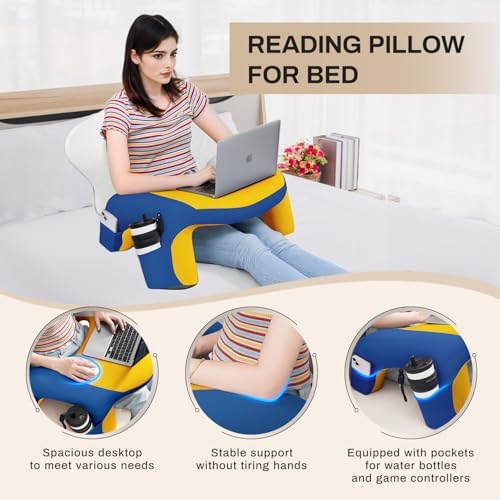 Reading Pillow, Gaming Pillow for Lap, Bed Desk for Laptop and Writing, Memory Foam Lap Desk for Reading, Working, Playing Steam Deck Switch or Sitting in Bed, Floor Sofa- Yellow - Image 2
