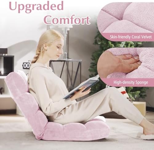 Folding Floor Chair with Back Support, Floor Seat, Lazy Sofa Chair | 14 Adjustable Position, Soft Coral Fleece, Thick Foam, Steel Frame Gaming Chair for Adults, Reading, Meditation (Pale Pink) - Image 3