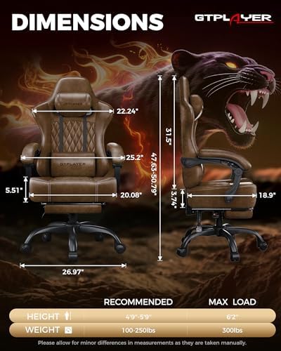 GTPLAYER Big and Tall Gaming Chair with Footrest, Ergonomic Office Desk Chair with 4.4in Thick Cushion and Wide Wingless Seat, Comfortable Leather Computer Chair, Predator Series, Rustic Brown - Image 2