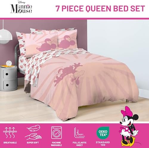 Disney Minnie Mouse Queen Comforter Set 7 Piece Bedding for Girls, Pink - Image 4