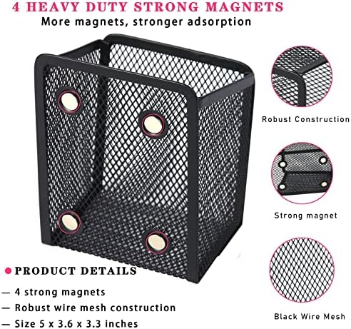 Large Magnetic Pen Holder, Magnetic Basket 4 Strong Magnet Pencil Holders Locker Accessories for Refrigerator Whiteboard Black(3.7x2.7x5 In) - Image 2