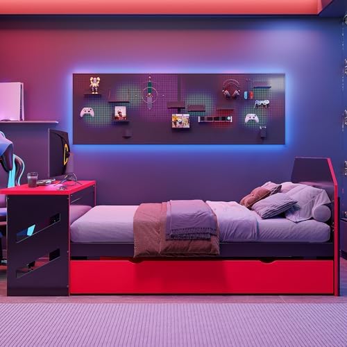 Bellemave Full Size Gaming Bed with Desk and USB,Full Bed with Trundle,Wood Platform Bed with Trundle for Girls Boys,Red - Image 3