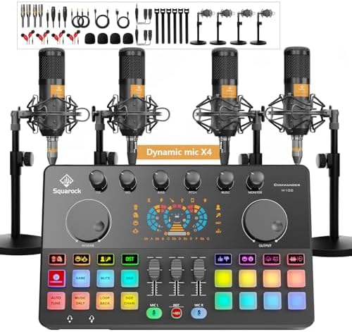 Podcast Equipment Bundle for 4, M100 Audio Mixer, Dynamic Mics, Recording by SquarockTek