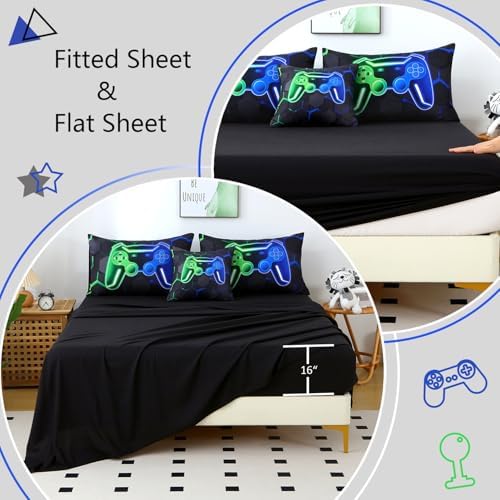 Game Console Boys Comforter Set Full Size 6-Piece Gaming Bedding Set for Kids Teens Ultra Soft Fluffy 3D Gamer Gamepad Bed in A Bag with Sheets (Green Blue, Full) - Image 6
