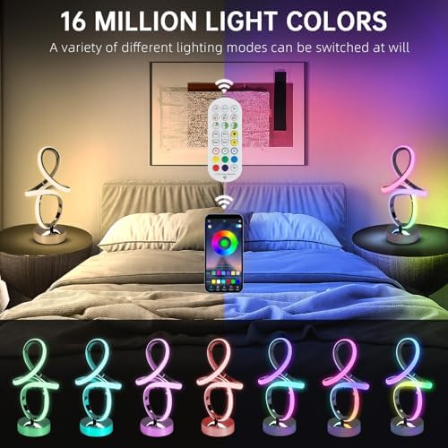 Modern RGB Table Lamps, LED Spiral Table Lamp, Silver Bedside Lamp with Remote&APP, Multicolor Changing Nightstand Lamp with Music Rhythm Modes for Bedroom, Living Room, Gaming Room, Christmas Gifts - Image 2