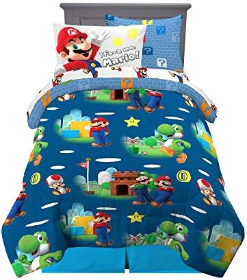 Super Mario Kids Bedding Set, Twin Size 5 Piece Comforter and Sheet Set with Sham, (Officially Licensed Product) by Franco by Franco