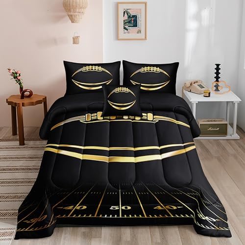 Football Comforter Sets,6 PCS Football Bedding Set for Boys,Kids Comforter Sets for Boys,Full Black and Gold Comforters Sets for Boy,Bed in A Bag with Sheets by Helloosuucomforterset