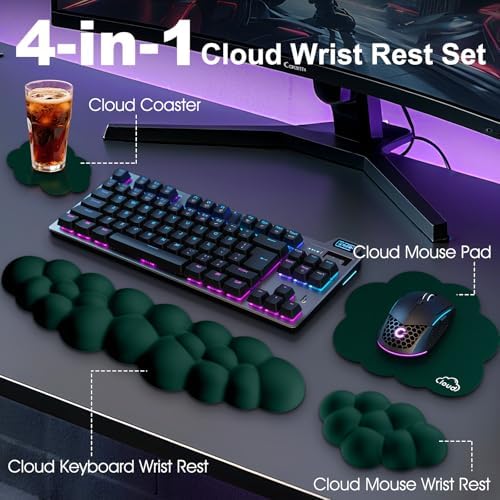 Cloud Wrist Rest Keyboard Cushion and Cloud Mouse Pad, Dark Green | 4-in-1 Ergonomic Cloud Keyboard Wrist Rest Set, Memory Foam, Arm Support for Palm, Cute Desk Accessory for PC Gaming Setup - Image 2