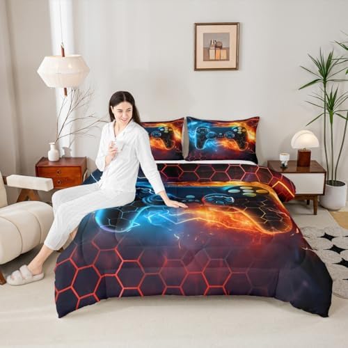 Feelyou Kids Boys Blue Red Gamer Comforter Full Size, Honeycomb Gaming Comforter Set for Lightning Gamer Bedding Set Game Duvet Set with 2 Pillow Case Room Decor Quilt Set Bedding Collection - Image 5