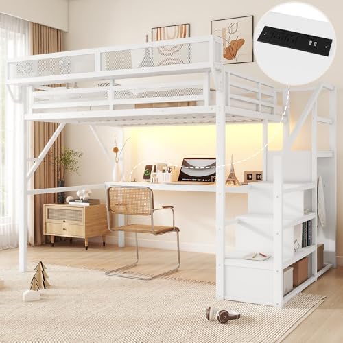KEIKI Queen Size Metal Loft Bed Frame with Desk, Staircase, Built-in Storage Shelves and Wardrobe, Modern Loft Bed with Solid Slat, Guardrail, No Box Spring Required, Easy Assembly, for Bedroom, White - Image 5