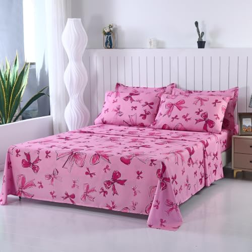 SDIII Pink Bow Girl Twin Sheets Set, Super Soft Microfiber Kids Twin Sheets by SDIII