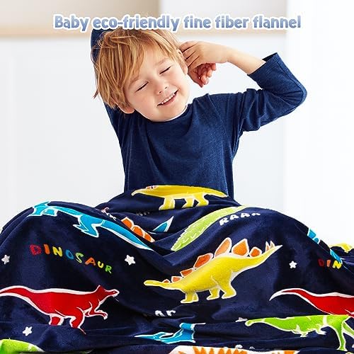 Jekeno Dinosaur Glow in The Dark Blanket Dino Gift Throw for Kids Boys Girls Birthday Christmas Halloween Easter Decor for Age 1-16 Years Old Teens Child Toddler Son Throw Navy Blue 60"x80" - Image 5