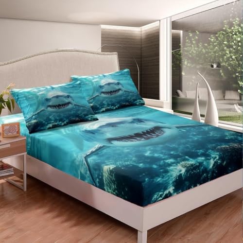 3D Shark Bed Sheets For Kids Boys Teens Marine Life Ocean Shark Sheet Set Sea Underwater Fitted Sheet Aquatic Animal Bedding Set, Nautical Flat Sheet Room Decor 4Pcs Sheets Queen Size, Blue White - Image 3