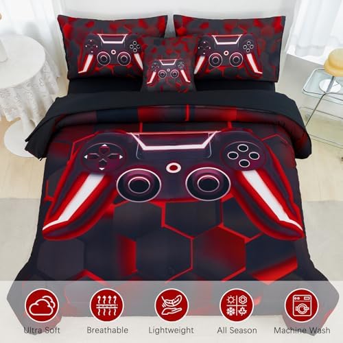 URBONUR Black and Red Gaming Comforter Set Twin Size for Boys 6 Pieces - Image 3