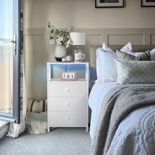 BOLUO White Night Stand with 3 Fabric Drawers, Nightstand with Charging Station LED Nightstand for Bedroom, Bedside Table with USB Ports and Outlets Modern - Image 2