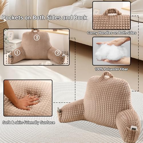 Reading Pillow with Arms for Bed Sitting,Khaki Flannel | Large Supportive Backrest with Arms Helps Ease Neck,Shoulder & Arm Strain While Gaming Reading or Watching TV - Image 5