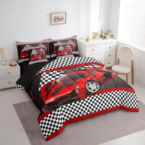 Feelyou Race Car Queen Comforter Set with Sheets for Kids Boys Black White - Image 2