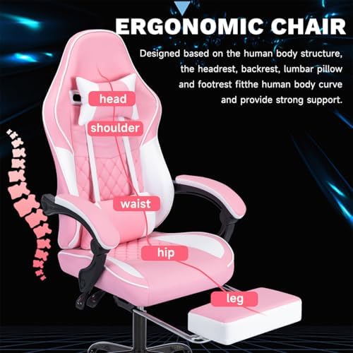 Gaming Desk Chair for Adults, Ergonomic Gaming Chair (Pink+White) | with Footrest & Headrest and Lumbar Support, Leather Material Height Adjustable computer Video Game Chairs - Image 4