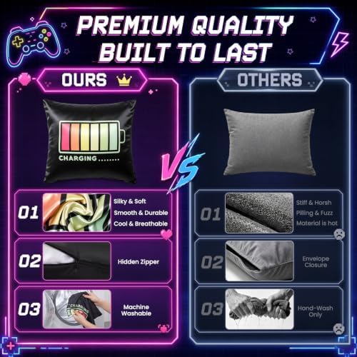 Pack of 2 Gamer Throw Pillow Covers 18x18 Inch, Satin Silk Feeling Decorative Pillow Cases with Hidden Zipper, Charging Battery Design for Boys Room Sofa Couch Bedroom Decor - Image 5