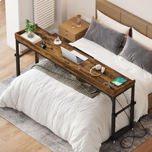 LITTLE TREE Overbed Table with Wheels Adjustable Height, Rolling Table with Outlets & USB Ports for Queen Bed, Giant Adjustable Over the Bed Desk with Tilt Stand, Brown - Image 6
