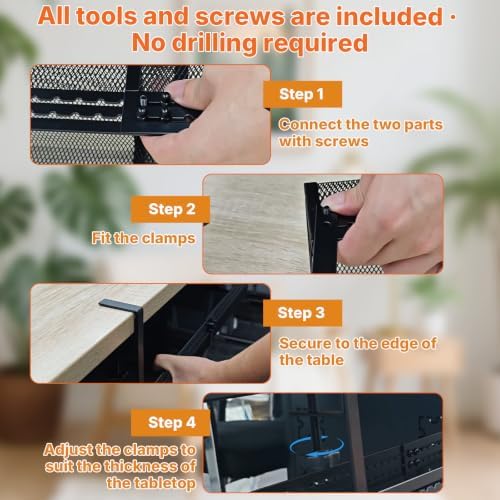 Under Desk Cable Management Tray, 15-25in Retractable Metal Cord Organizer Rack, No Drill Desk Tray with Clamp, Anti-Slip Pads Cable Tray for Home, Office, Gaming, Standing Desks - Image 6