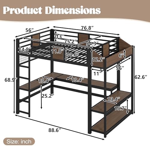 Bellemave Full Size Metal Loft Bed with L-Shaped Desk, LED Lights & Charging Station, Heavy Duty Loft Bed Frame with Hanging Rod and Storage Shelves for Kids, Teens & Adults, Space Saving,Black - Image 2