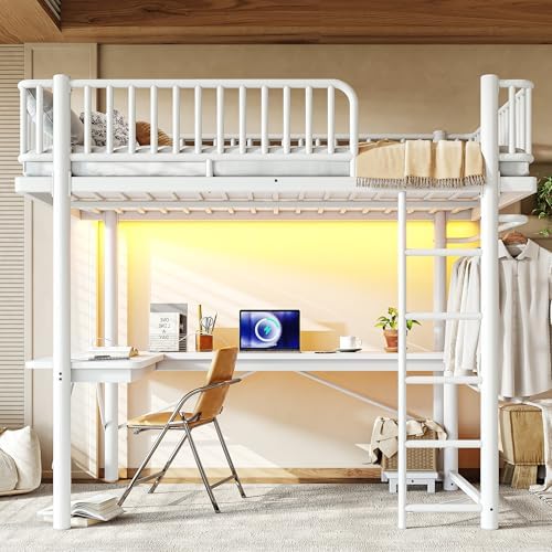 Bellemave Full Metal Loft Bed with L-Shaped Desk,LED Lights and Charging Station,Heavy Duty Loft Bed Frame with Hanging Rod & CPU Tray for Kids Teens Adults,Space-Saving,White - Image 3