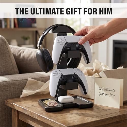 Gaming Equipment Headset Stand with Dual Controller Organizer Rack & Storage Base, Headphone Stand Gamer Gifts for Men Teenage Boy, Unique Gifts for Gamers to Organize Gaming Accessories (Black Wood) - Image 4
