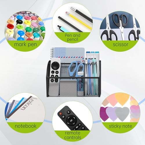 YINGHUA 3 Compartment Magnetic Metal Mesh Pen Holder, Black Desk Caddy - Image 5