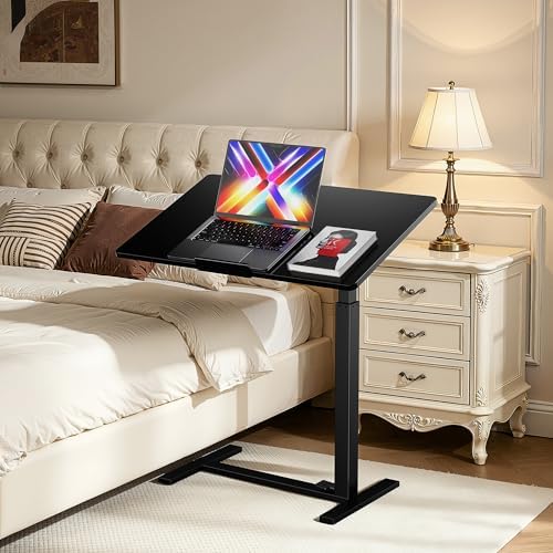 Mobile Standing Desk Adjustable Overbed Table, Pneumatic Height Adjustable Rolling Laptop Desk with Hidden Wheels, 0-180°Tilt Top Rolling Computer Cart Foldable for Home Office, Craft & Study, Black - Image 2