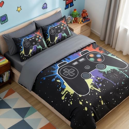 Full Comforter Set for Boys -7 Pieces Black Gamer Full Size Bedding Sets - Image 2
