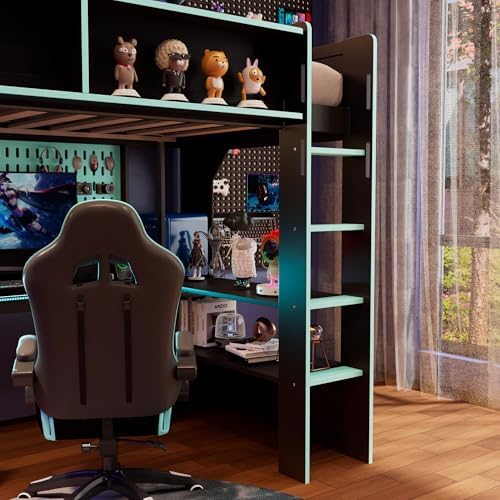 Merax Twin Size Gaming Loft Bed with Integrated Desk and Lights, Black+Blue - Image 7