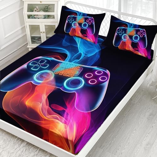 AILONEN Gamer Fitted Sheet Set Full Size, 3 Pieces Gamer Bedding Boys Gaming Sheet Set,Video Game Bed Sheet Sets for Boys,Gamepad Game Controller Fitted Sheet with 2 Pillowcases - Image 2