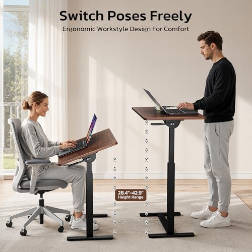 Mobile Standing Desk Adjustable Overbed Table, Pneumatic Height Adjustable Rolling Laptop Desk with Hidden Wheels, 0-180°Tilt Top Rolling Computer Cart Foldable for Home Office, Craft & Study, Brown - Image 5