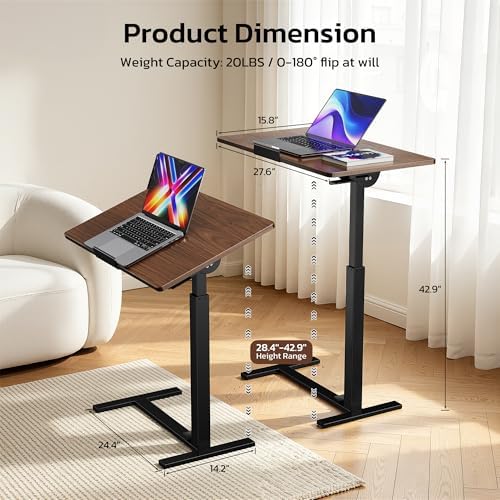 Mobile Standing Desk Adjustable Overbed Table, Pneumatic Height Adjustable Rolling Laptop Desk with Hidden Wheels, 0-180°Tilt Top Rolling Computer Cart Foldable for Home Office, Craft & Study, Brown - Image 3