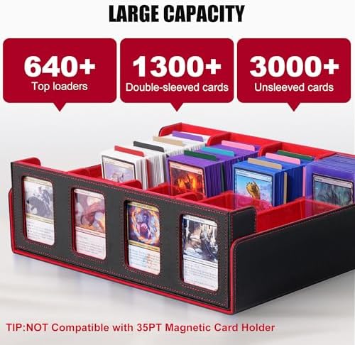 Kabinka Trading Card Storage Box with Commander Display, 4-Row Deck Case with Removable Lid; 2400+ Card Deck Box for MTG TCG Sports Card, 4 Top Loaders, 4 Stoppers, 24 Dividers,1 Dice Bag (Black Red) - Image 2