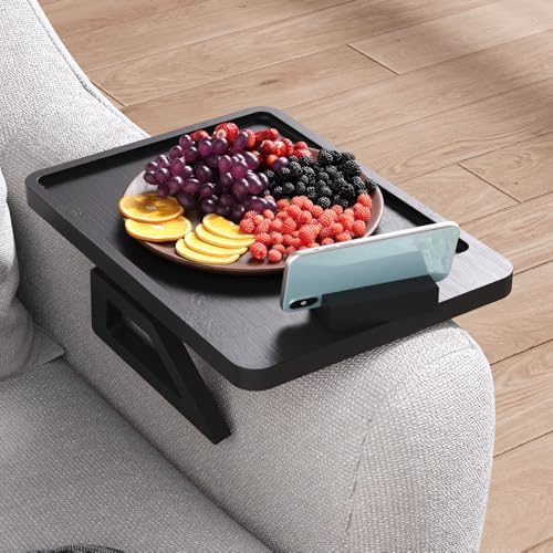 Couch Arm Tray with 360°Phone,Bamboo Folding Sofa Tray,Sofa Armrest Trays Clip-On Couch Desk for Drinks,Snacks,Phone,Remote Control（Black） - Image 3