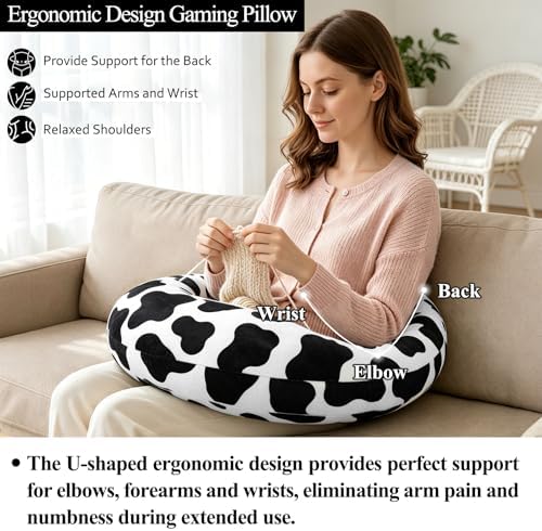 Ergonomic U-Shaped Gaming & Lap Pillow for Crocheting - Cute Cow Pattern Crochet Pillow with Elbow & Arm Support, Lap Desk Pillows for Reading, Playing or Crocheting, Suitable for Adults - Image 2