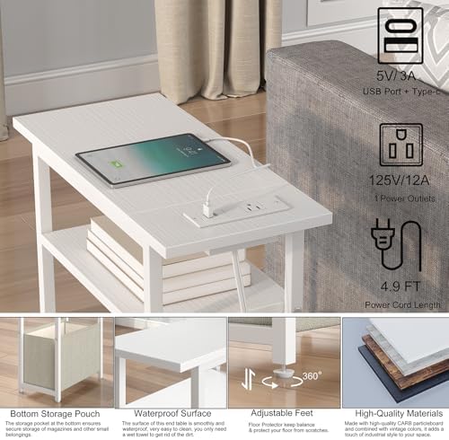 sthmec Narrow Side Table with Charging Station, Small End Table for Small Spaces, Skinny Nightstands with Storage Basket, 3 Tier Sofa Couch Bedside Tables for Living Room,Bedroom, White - Image 5