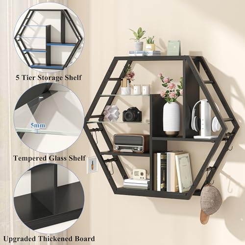kepptory 39" Wide LED Gaming Floating Shelves, 5 Tier Wall Mounted Shelves with 2 Removable Glass Shelves, Coffee Bar Rack with 8 Hooks, Display Rack for Wall Storage for Gaming Room, Black - Image 5