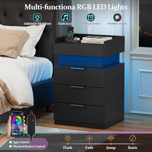 Turosur Night Stand with Gun Drawer, Charging Station & LED Light Modern - Image 6