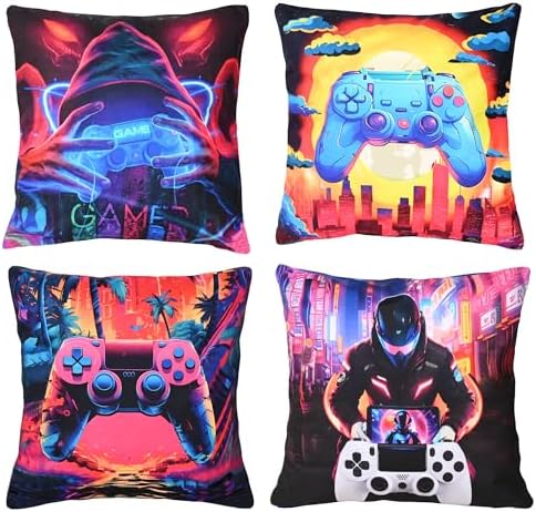 Gamer Gifts for Teen Boys， Gaming Boy Room Decor, Gaming Accessories for Teen Boy, Gamer Pillow Case Flannel Material， 4-Pack 18x18 inches (No Inserts) by Jvycjlu