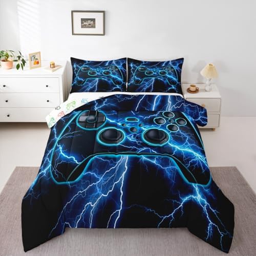 Erosebridal Gaming Queen Comforter Set Gamer Bedding Set, Video Game Consoles Down Comforter Blue Lightning Quilt,Gamer Room Decor for Boys - Image 6