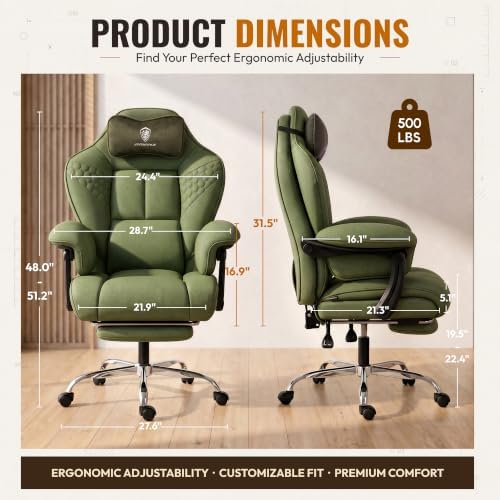 Dowinx Big and Tall Gaming Chair with Footrest for Home Office 500LBS Green | High Back Leather Office Chair, Extra-Wide & Thick-Padded Seat Cushion with Ergonomic Lumbar Support and Soft Linkage Armrest - Image 3