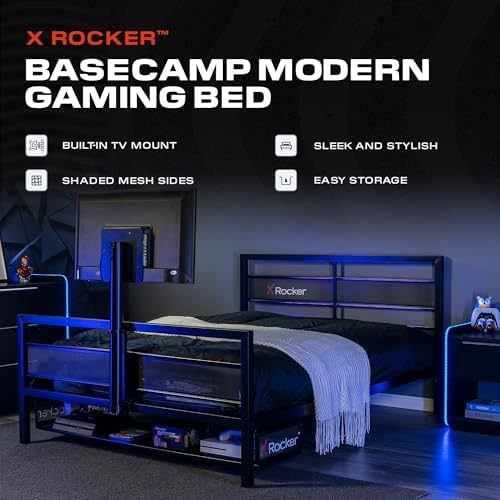 X Rocker Basecamp Full Size Gaming Bed, Rotating TV Mount with Vented Console Storage, Metal Mesh Frame with Slats, Amazon Exclusive, Black - Image 4