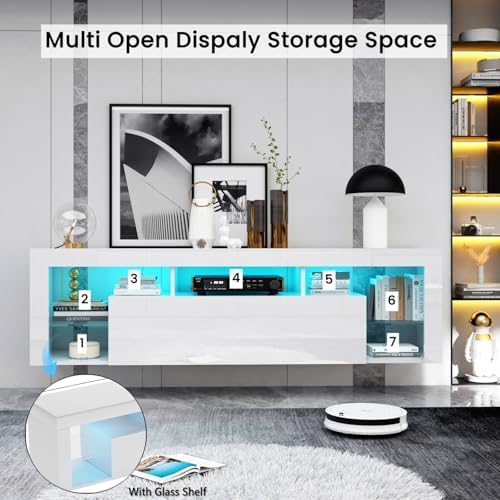Gitua 63 in Floating TV Stand Wall Mounted, High Gloss LED Floating Entertainment Center with Storage&Adjustable Glass Shelf, TV Stand for TVs up to 75 Inch, Gaming Media Center Console Table, White - Image 3