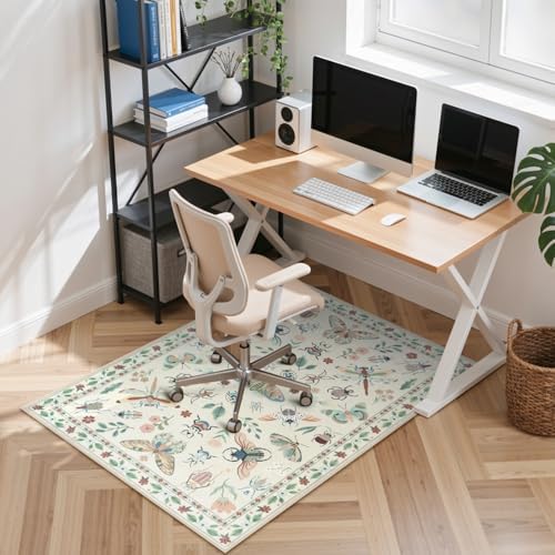 Anidaroel 36"x48" Home Office Chair Mat for Hardwood Floor, Beige Under Desk Rug for Rolling Chairs, Anti-Slip Insect Print Desk Floor Mat for Offices Chair, Low Pile Office Rugs for Rolling Chairs by Anidaroel